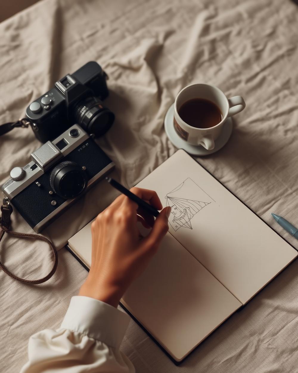 Manos dibujando en un cuaderno junto a una cámara vintage