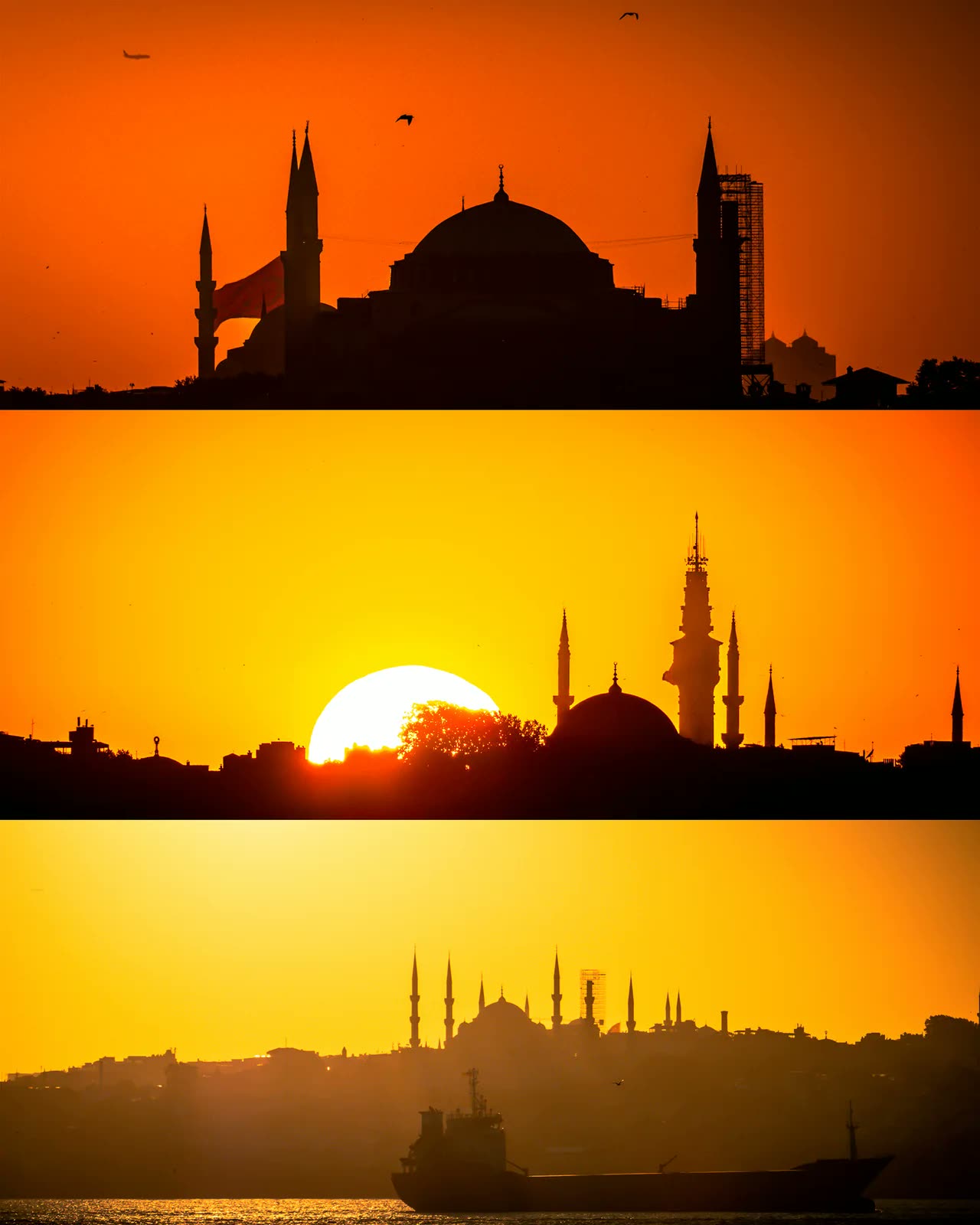 Collage vertical de tres atardeceres naranjas sobre la silueta de mezquitas en Estambul